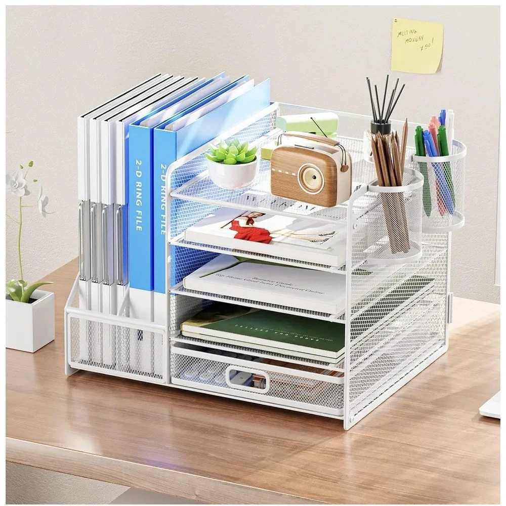 Desk Organizer with File Holder, 5-Tier Paper Letter Tray Organizer with Drawer
